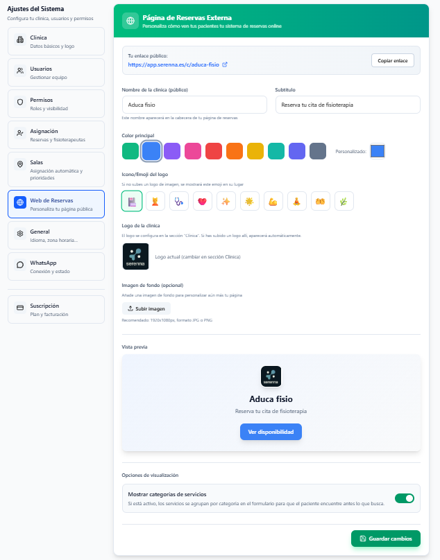 Configuración de la página de reservas